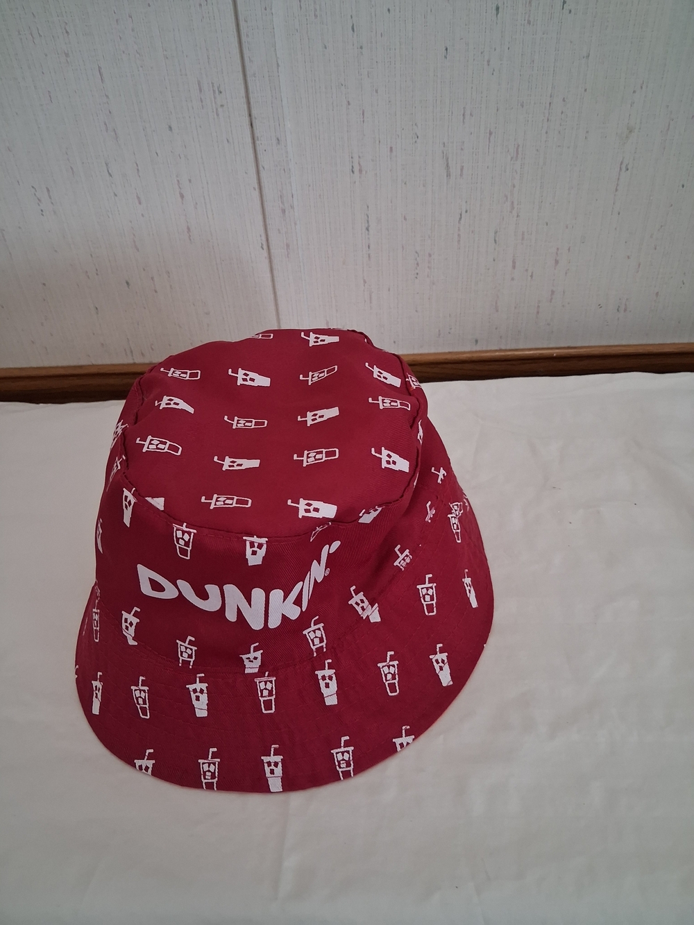Dunkin Dark Red And Orange Iced Coffee Cup Pattern Reversible Bucket Hat